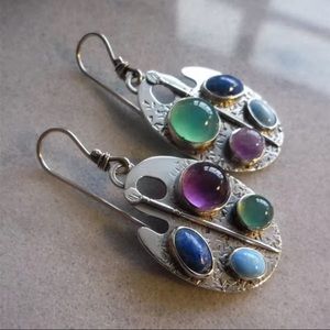 925 Sterling Silver Plated Antique Multicolor Hand Carved Pattern Earrings